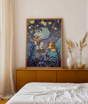 Whimsical Adventure in a Magical Night Sky Landscape