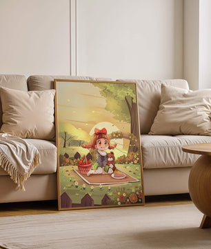 Whimsical picnic scene with a young girl and teddy bear under sunset in vibrant meadow
