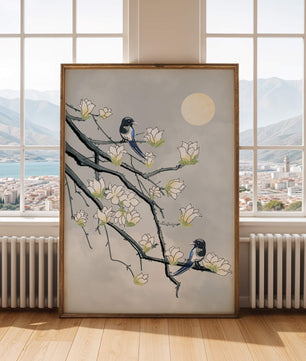 Birds on blossoming branches under a serene moonlit sky