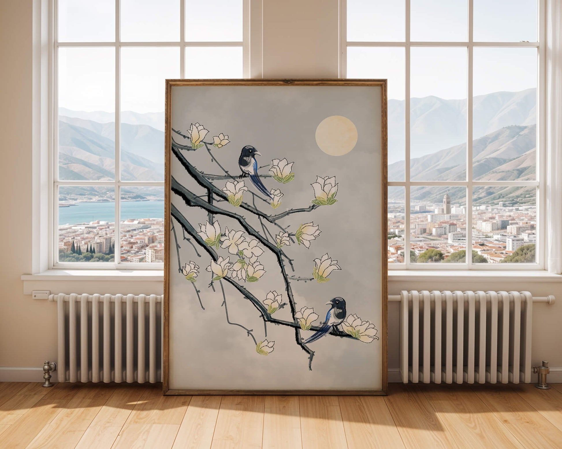 Birds on blossoming branches under a serene moonlit sky
