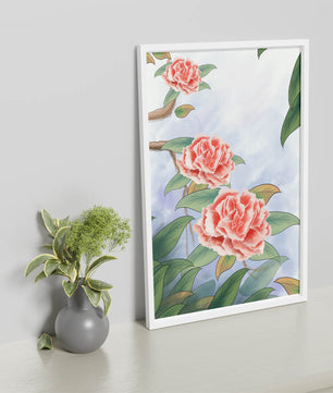 Illustrated pink carnations with green leaves in serene botanical art