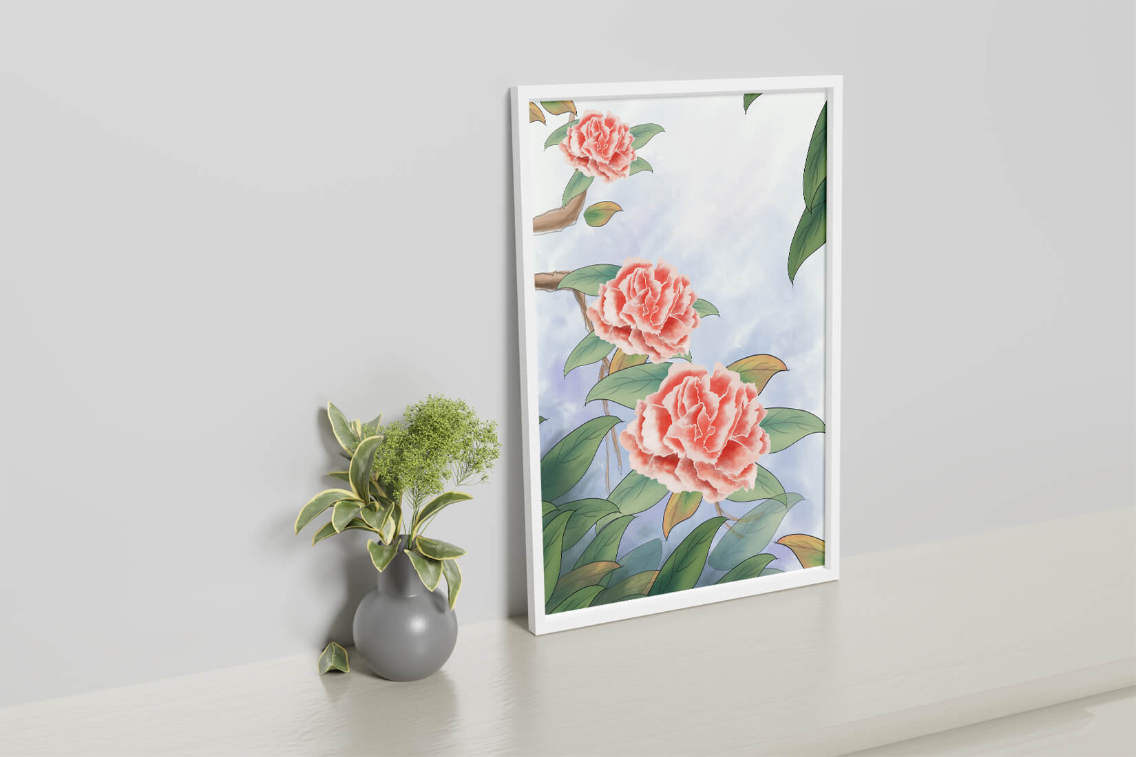 Illustrated pink carnations with green leaves in serene botanical art