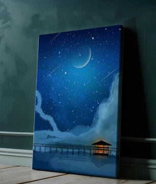 Serene Night Sky with Crescent Moon, Stars, and Pier Over Water