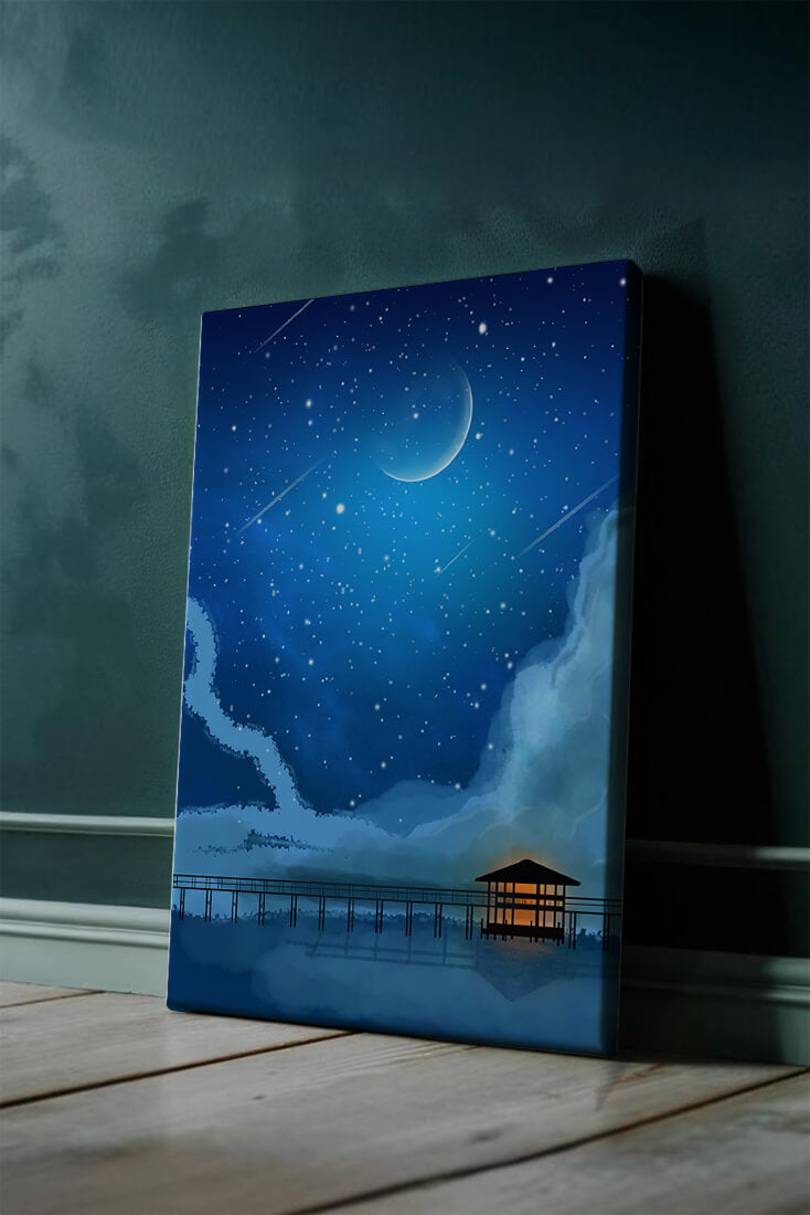Serene Night Sky with Crescent Moon, Stars, and Pier Over Water