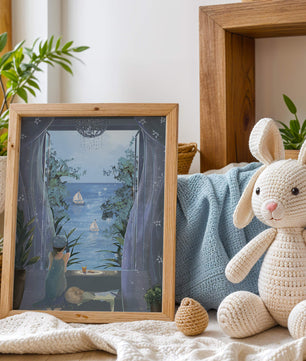Serene seaside view from an open window with a sailboat and relaxing atmosphere