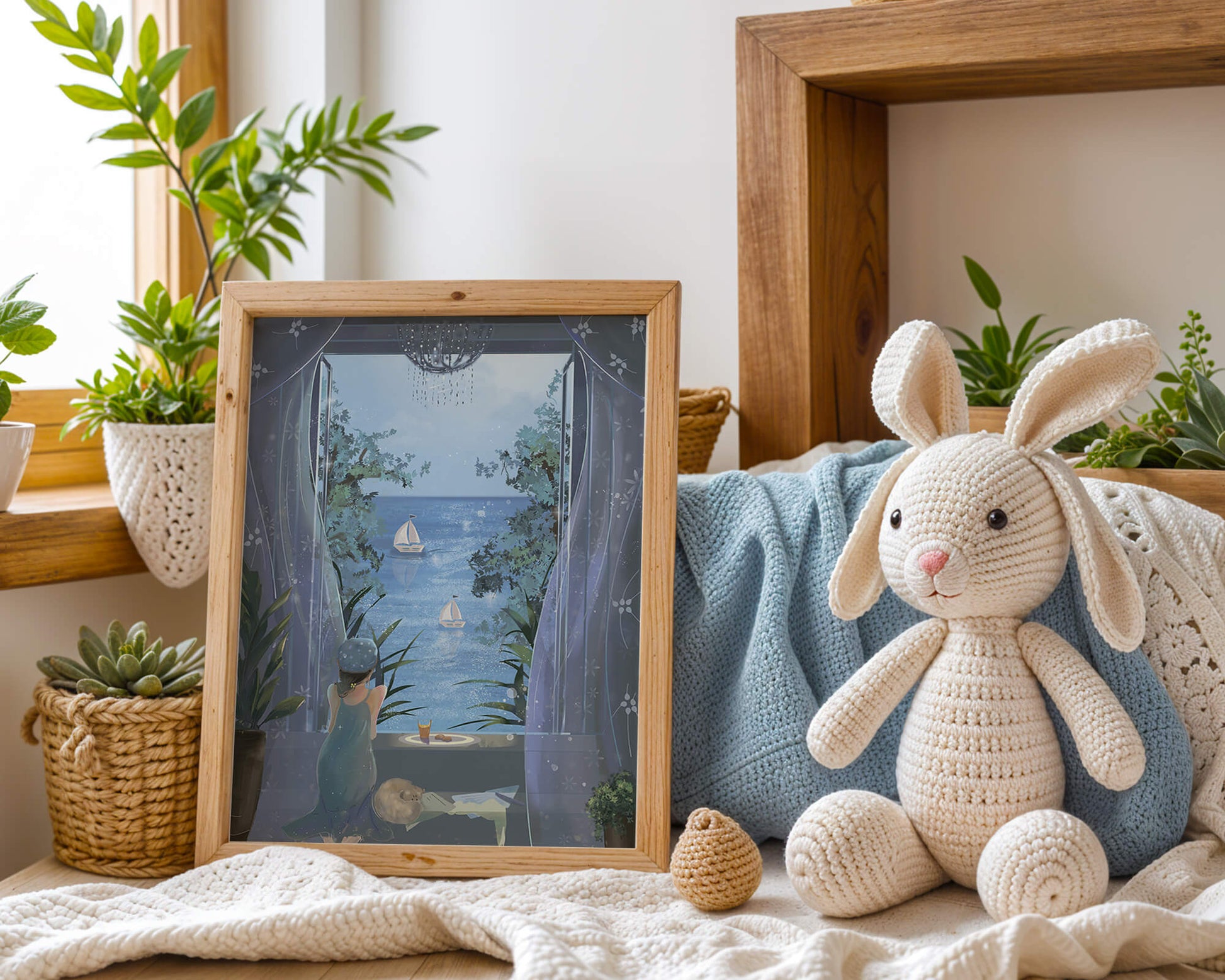 Serene seaside view from an open window with a sailboat and relaxing atmosphere