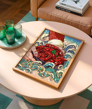 Colorful Cartoon Illustration of Hand Holding Crawfish Over Decorative Waves