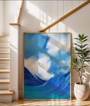 Olas oceánicas hermosas bajo un cielo nublado en una obra de arte
