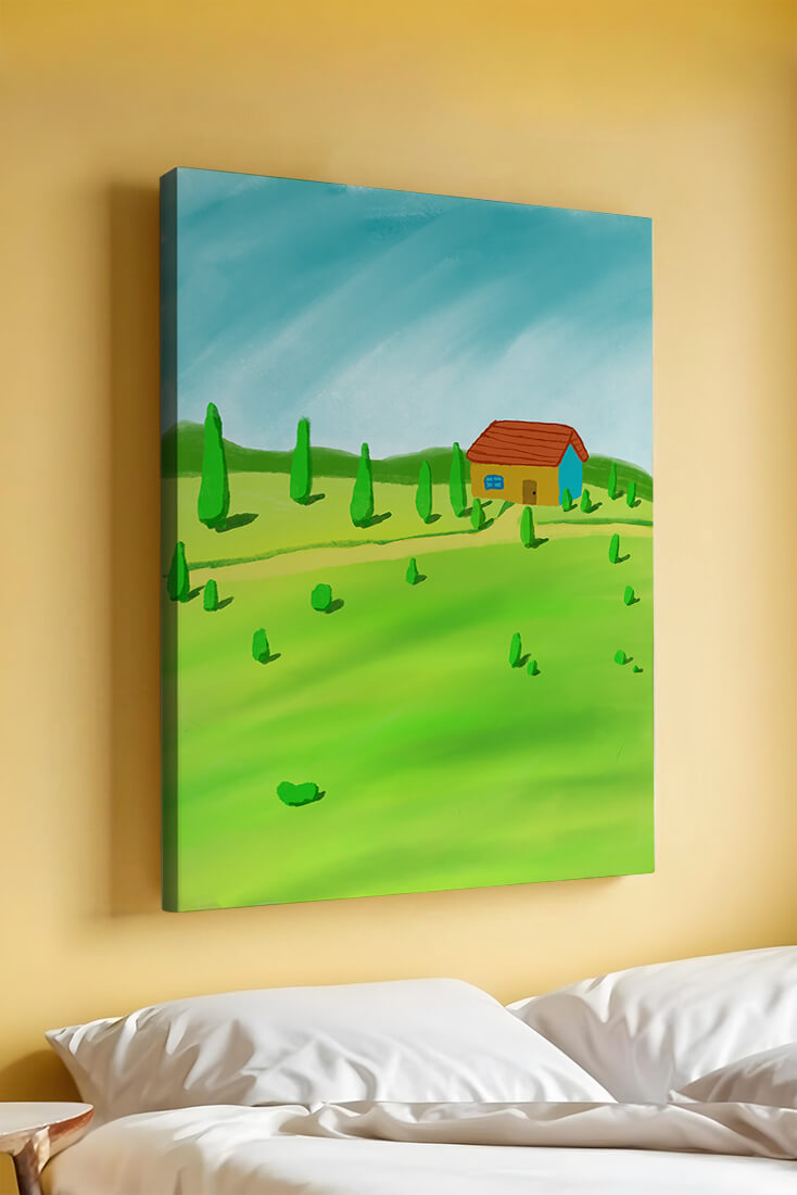 Rural landscape with house and rolling hills under blue sky