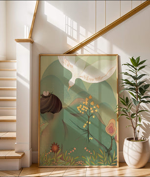 Dreamy nature-inspired illustration with bird and plant elements