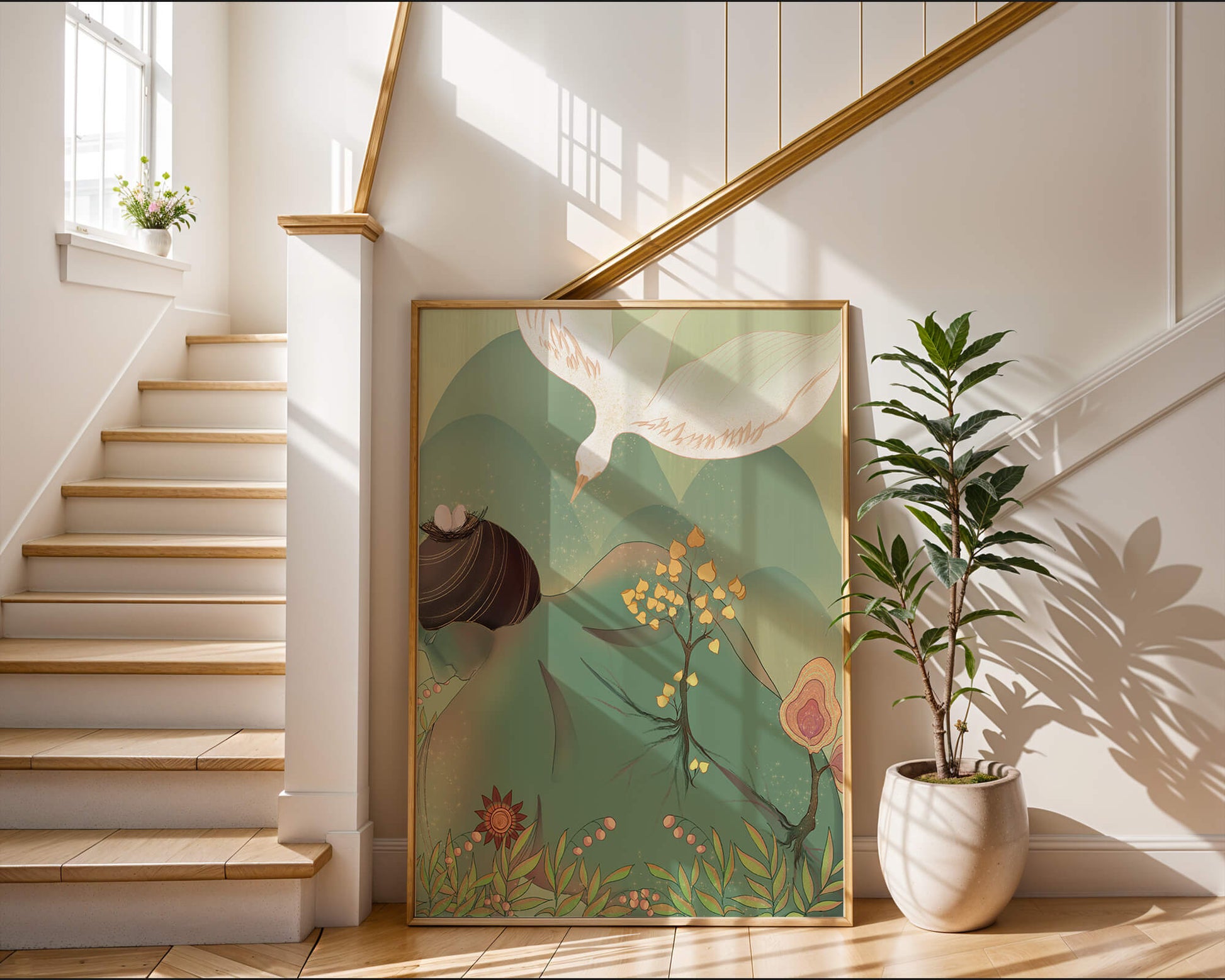 Dreamy nature-inspired illustration with bird and plant elements