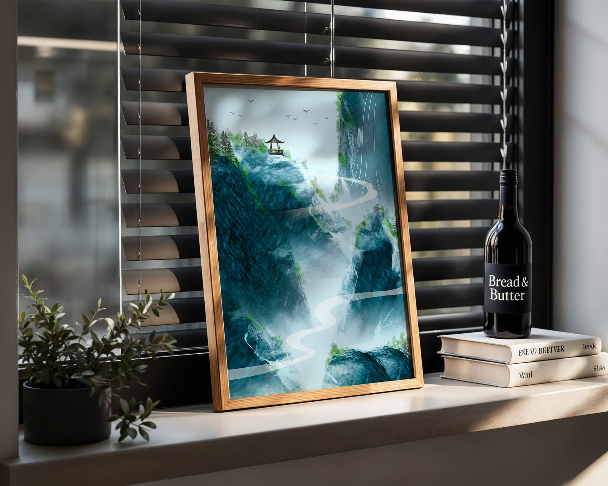 Paisaje montañoso sereno con pagoda y río serpenteante