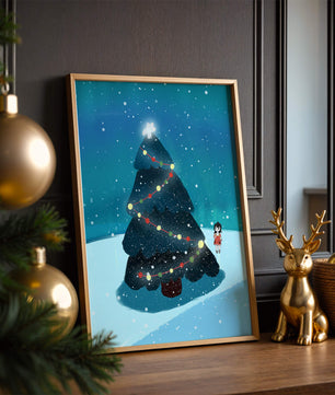 Winter scene with decorated Christmas tree and snowfall