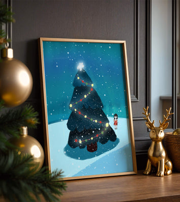 Winter scene with decorated Christmas tree and snowfall