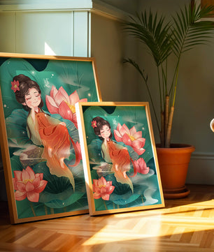Charmante illustration d'une fille se reposant parmi des fleurs de lotus