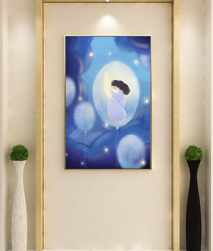 Dreamlike night sky with a girl on a moon enveloped by stars and balloons
