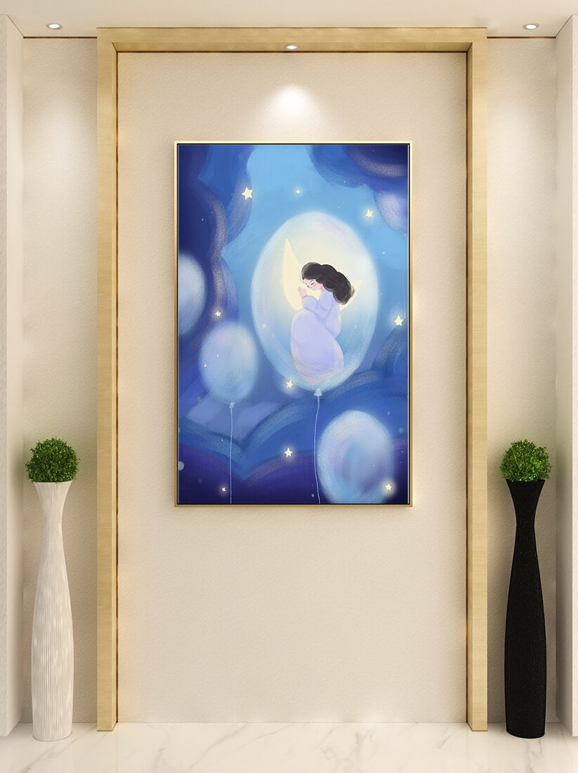 Dreamlike night sky with a girl on a moon enveloped by stars and balloons