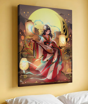 Traditional Asian woman playing musical instrument under moonlight