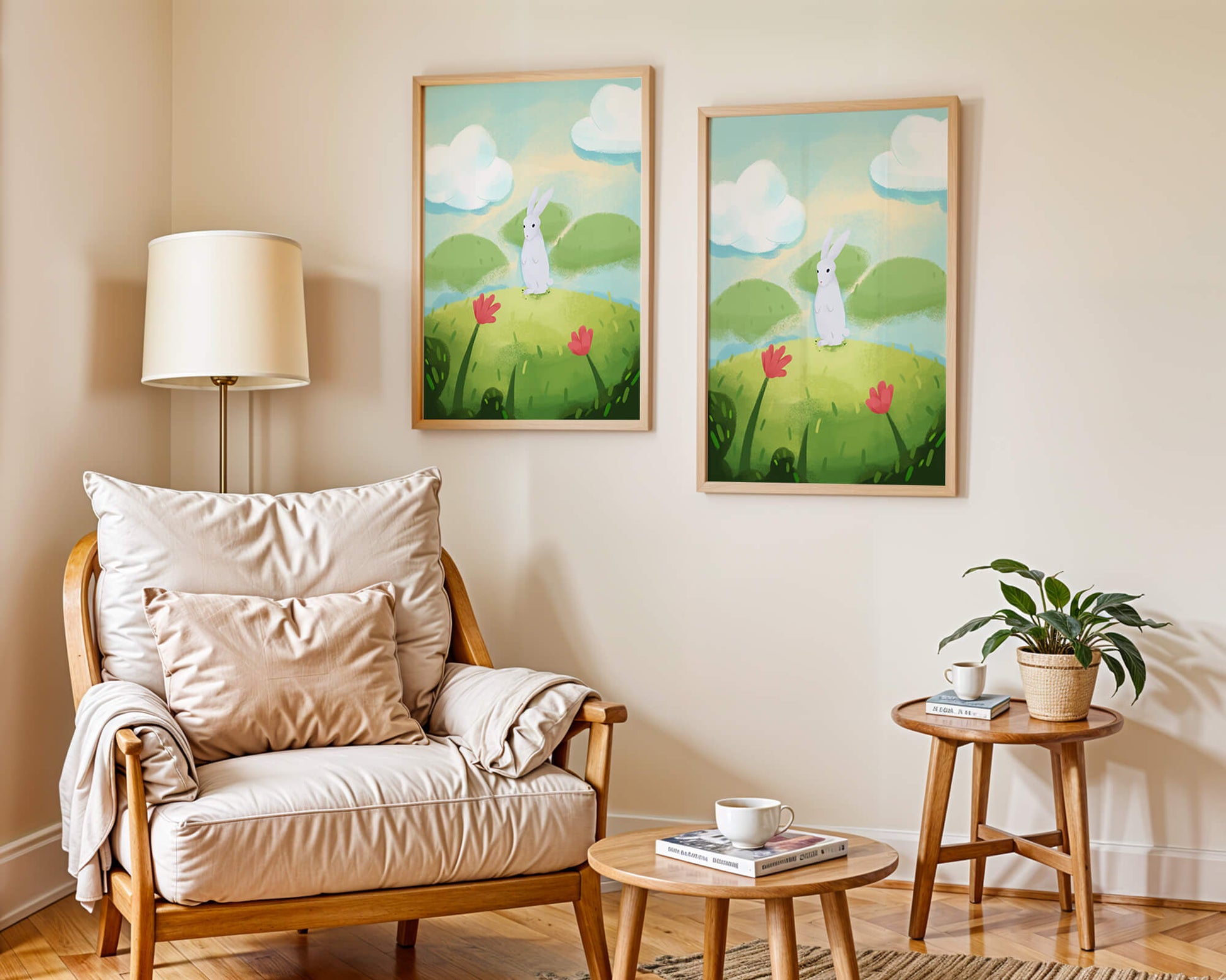 Whimsical landscape with rabbit and colorful flowers