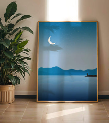 Serene Night Landscape with Crescent Moon and Lighthouse