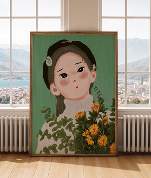 Illustration of a girl with flowers and a beret on a green background
