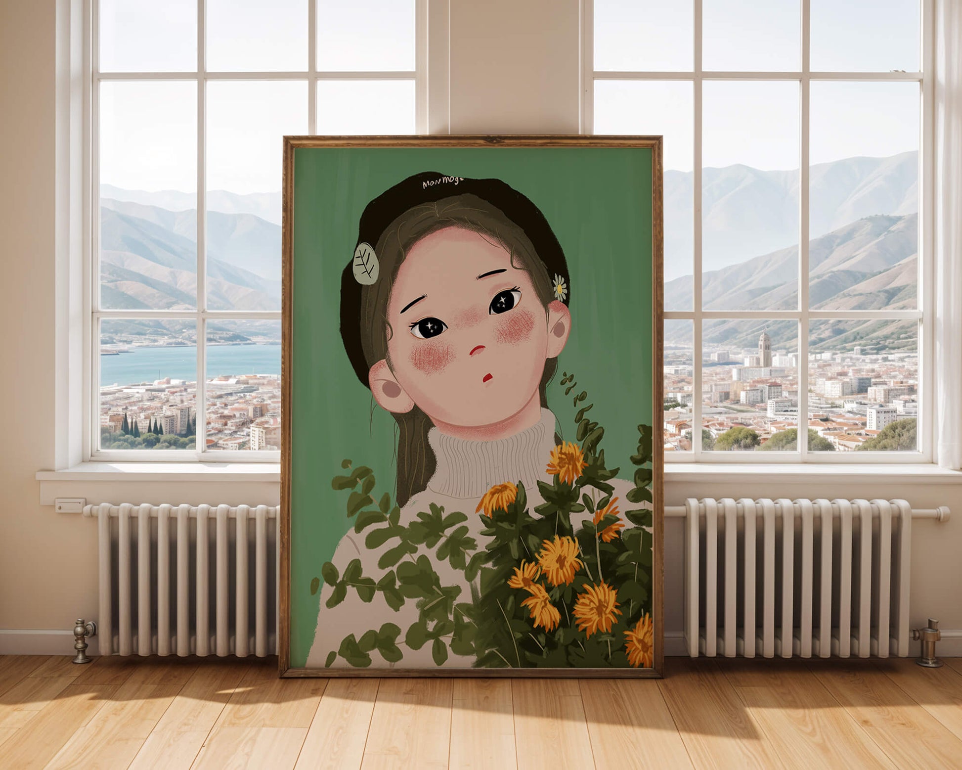 Illustration of a girl with flowers and a beret on a green background