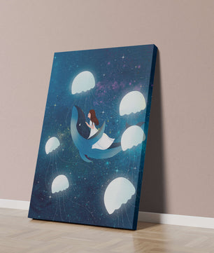 Dreamlike scene of a girl riding a whale among jellyfish in space