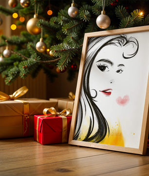 Dibujo de retrato elegante con labios rojos y motivo de corazón