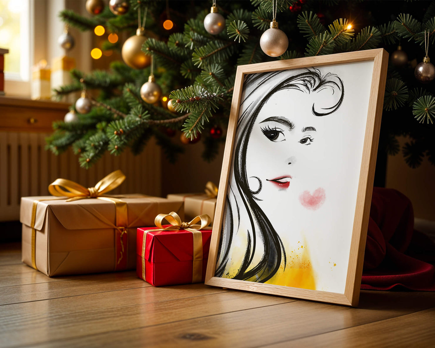 Elegant portrait sketch with red lips and a heart motif