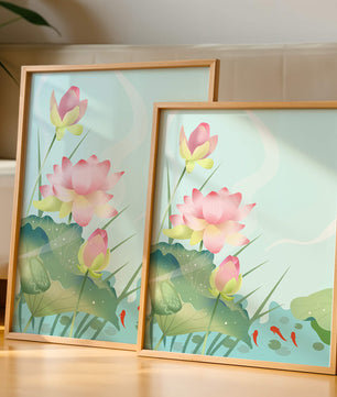 Loteo de flores de loto ilustrativas con hojas y peces koi en un estanque sereno