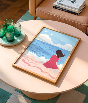 Serene seaside illustration with a girl in a pink dress gazing at the ocean
