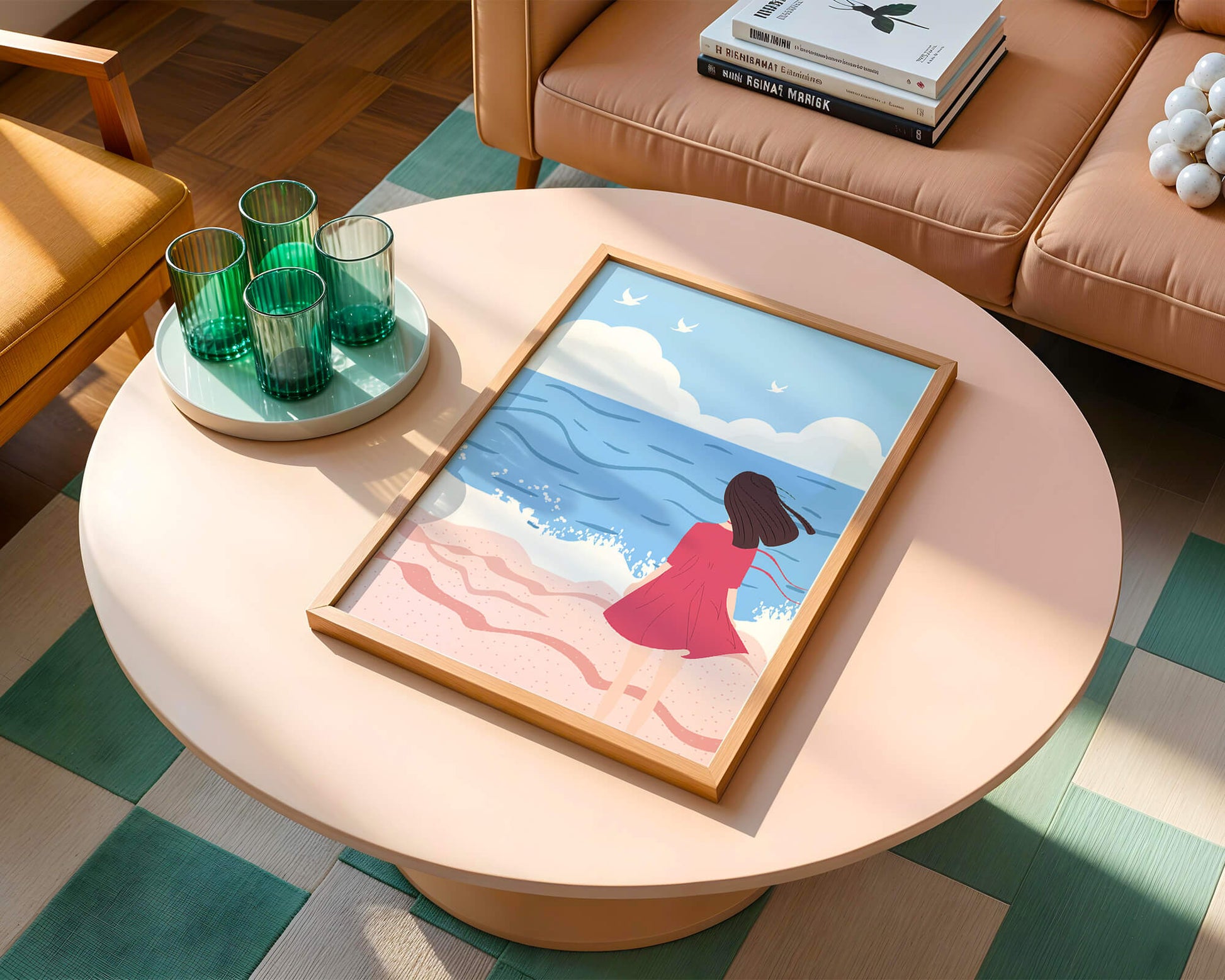 Serene seaside illustration with a girl in a pink dress gazing at the ocean