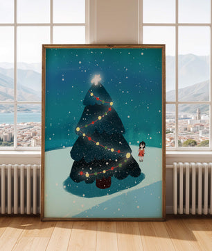 Winter scene with decorated Christmas tree and snowfall