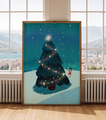 Winter scene with decorated Christmas tree and snowfall