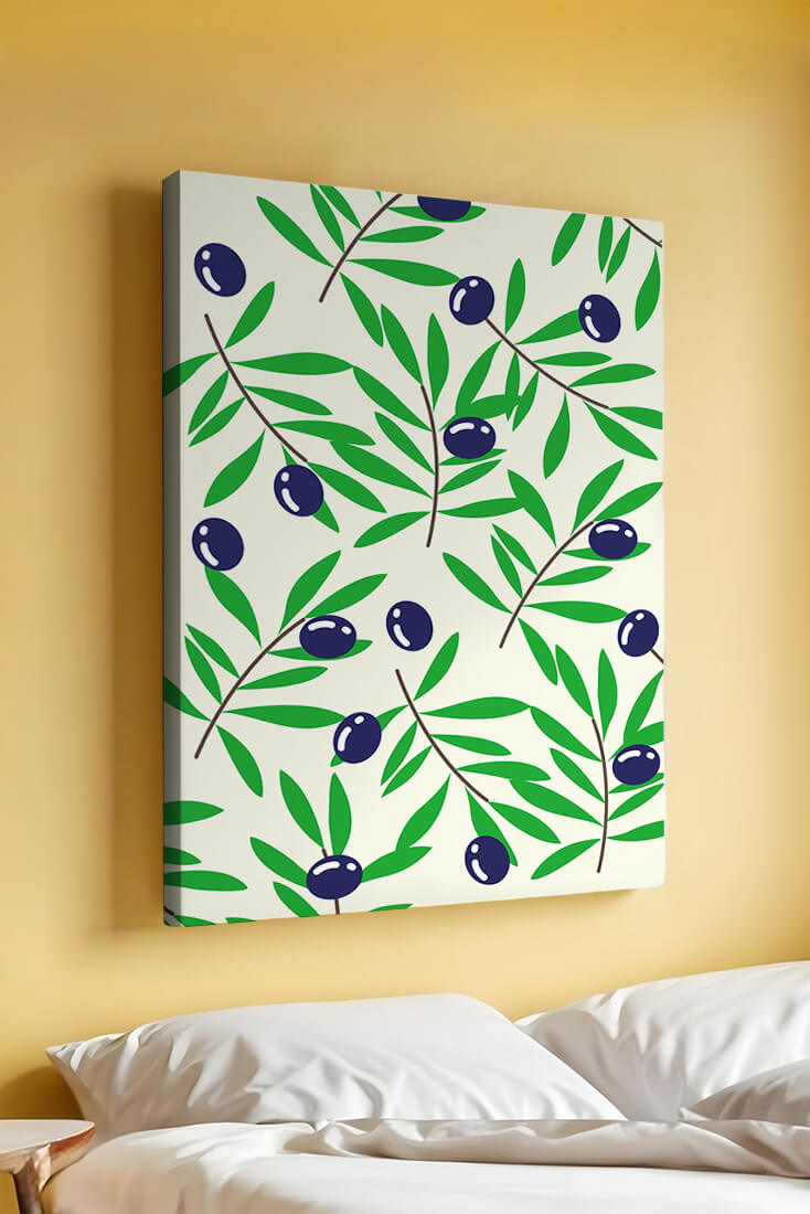 Olive branch pattern with green leaves and blue olives