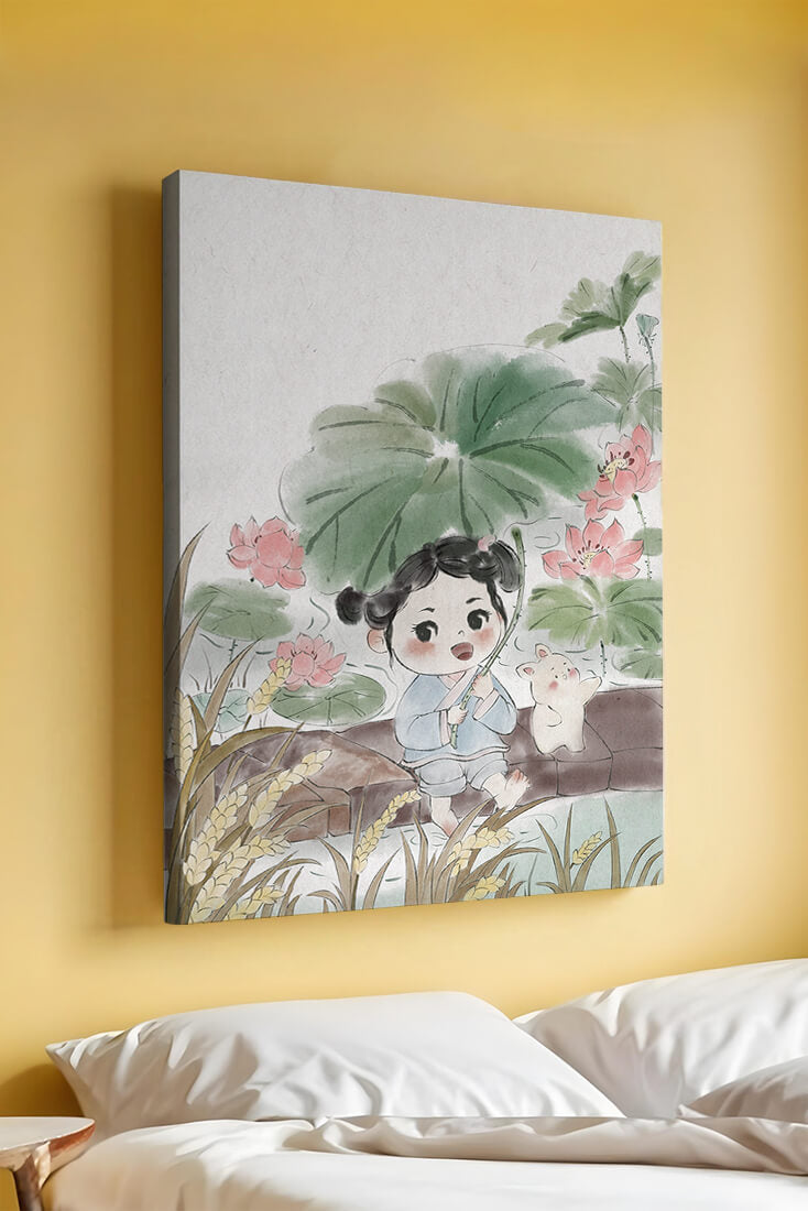 Charming illustration of a child with flowers and a bunny by the water