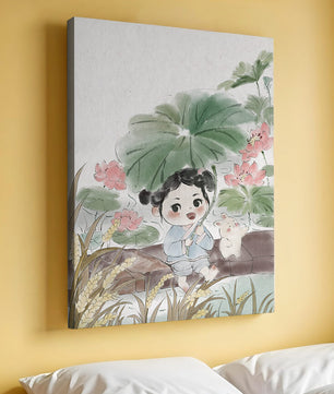 Charming illustration of a child with flowers and a bunny by the water