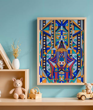 Arte tribal abstracto geométrico con patrones simétricos en azul y naranja