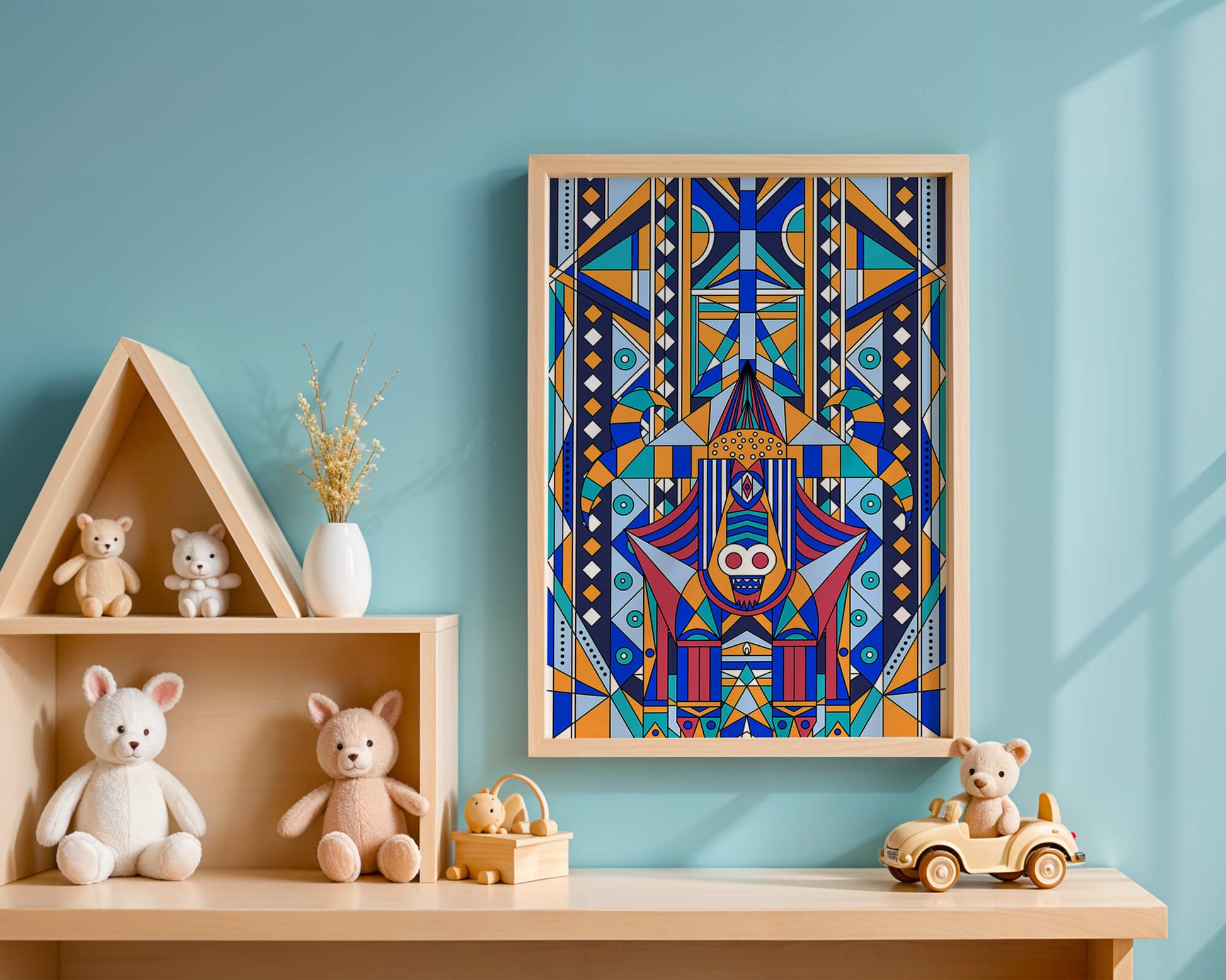 Arte tribal abstracto geométrico con patrones simétricos en azul y naranja