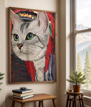 Illustrated cat portrait with colorful accents