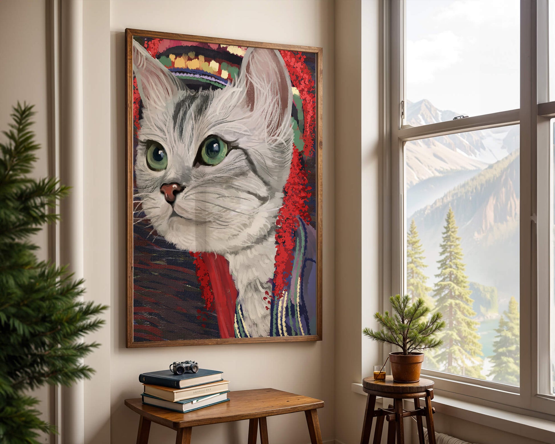 Illustrated cat portrait with colorful accents