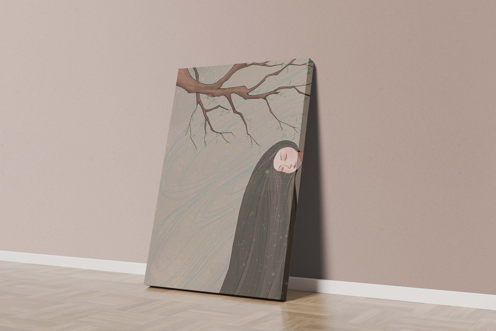 Serene illustration of a woman intertwined with nature and flowing designs