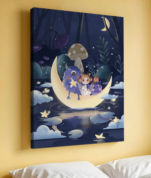 Escena nocturna onírica con un niño y monstruos amigables sobre una luna creciente