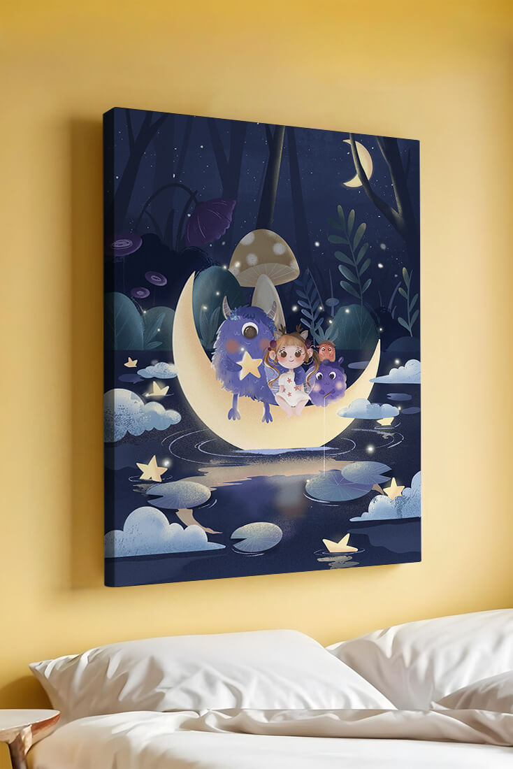 Dreamy night scene with a child and friendly monsters on a crescent moon