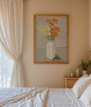 Vibrant daisies in a white vase illustration