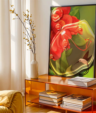 Vibrant floral illustration with hummingbird and lush greenery