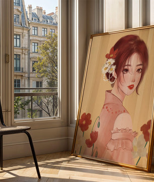 Portrait élégant d'une femme avec des ornements floraux et une expression douce