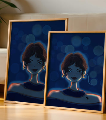 Illustration of a woman with bokeh lights and stylish earrings