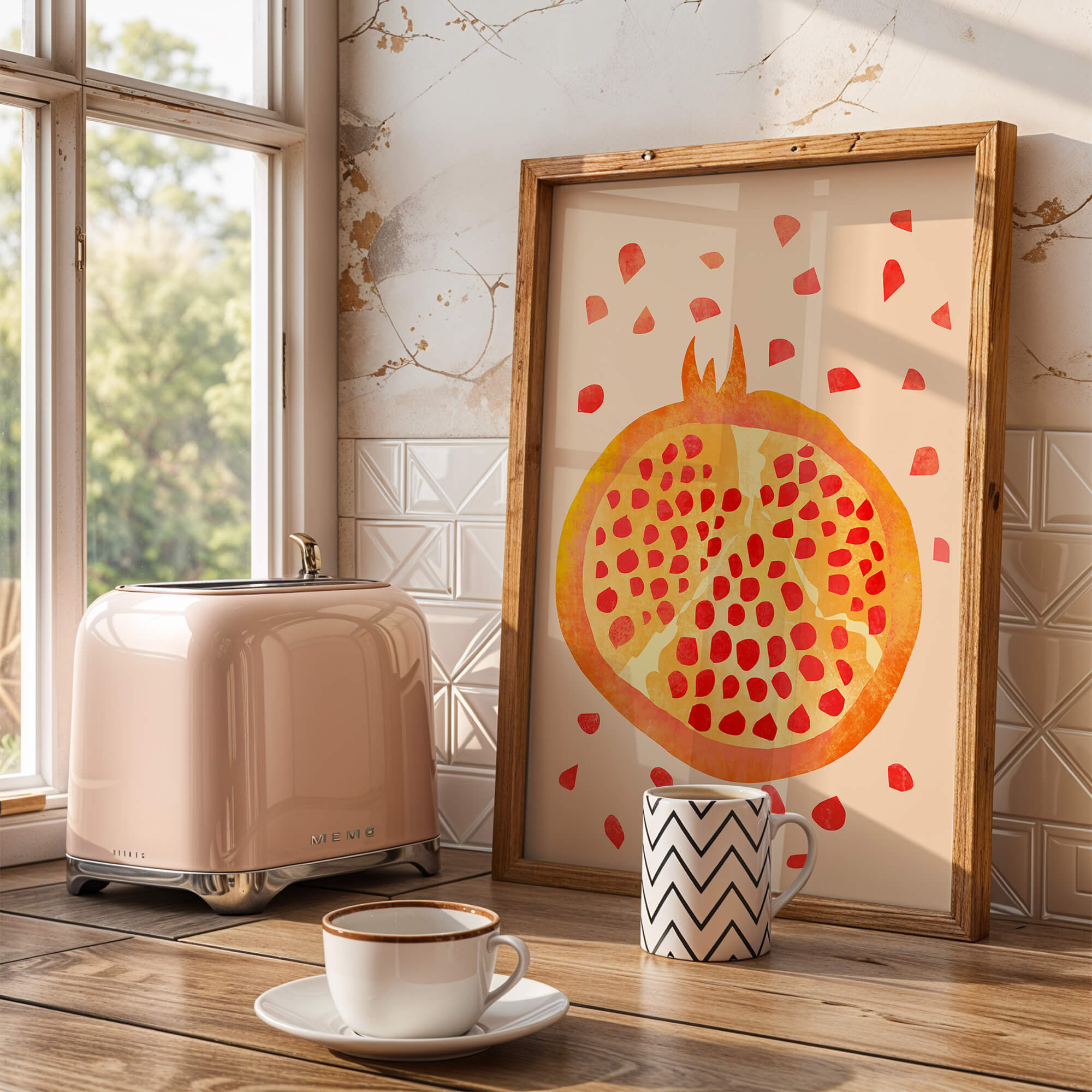 Colorful abstract pomegranate illustration with scattered seeds