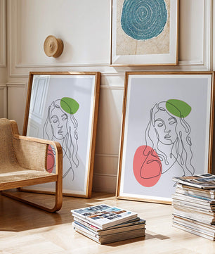 Line Art Portrait auf grauem Hintergrund mit Farbakzenten 